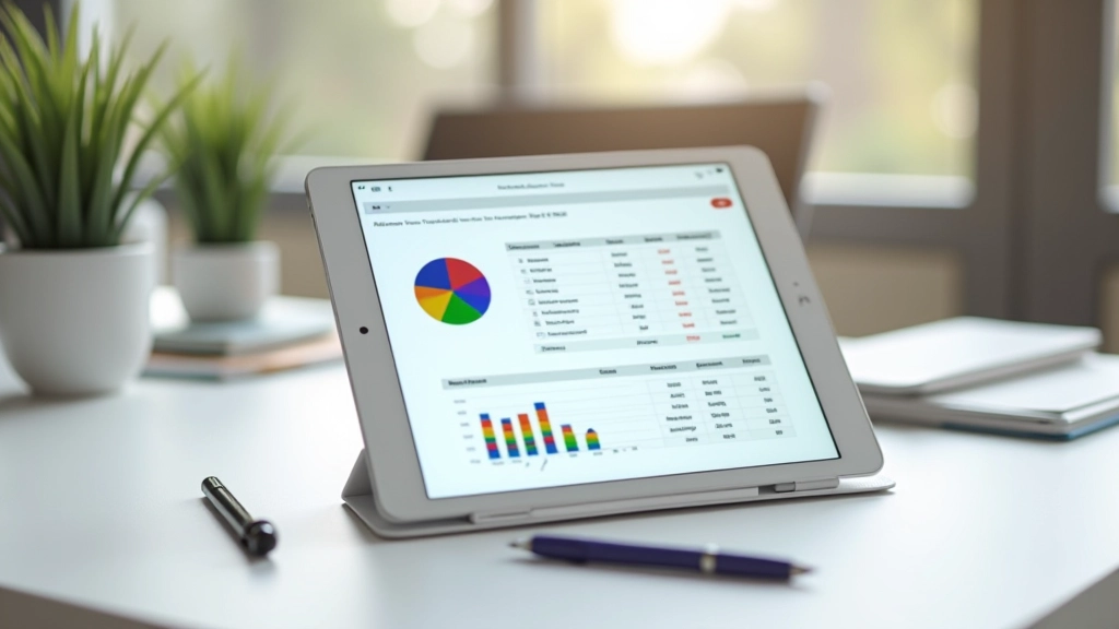 Tablet se zobrazeným grafem výdajů a tabulkou s barevným kódováním kategorií