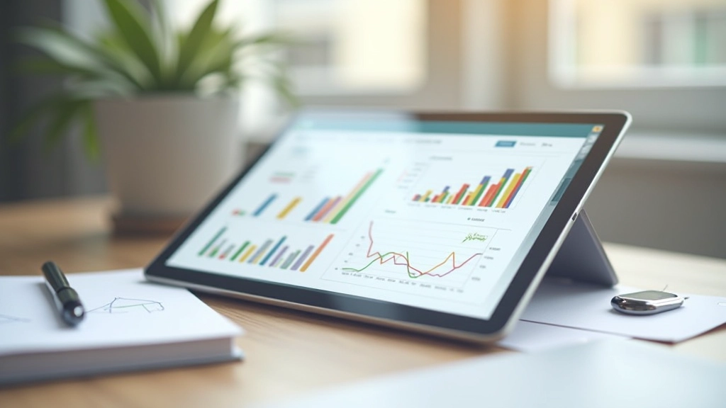 Tablet s grafem rozpočtování a analytickými daty na stole