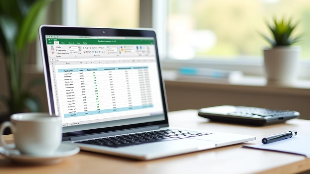 Počítač s otevřeným Excelem a tabulkou rozpočtu, pracovní stůl s perem a kalkulačkou
