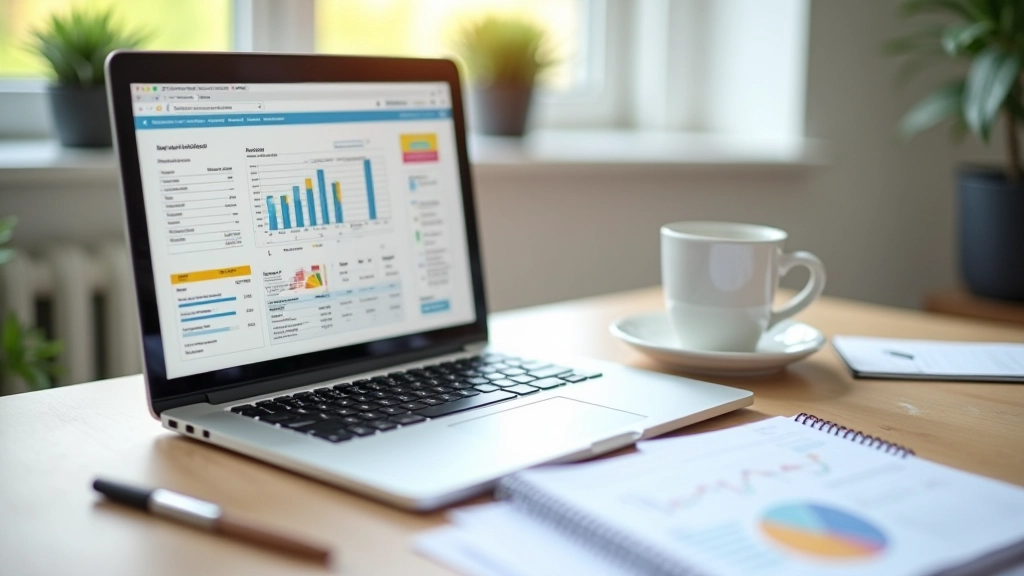 Profesionální pracovní prostor s notebookem a finančními dokumenty